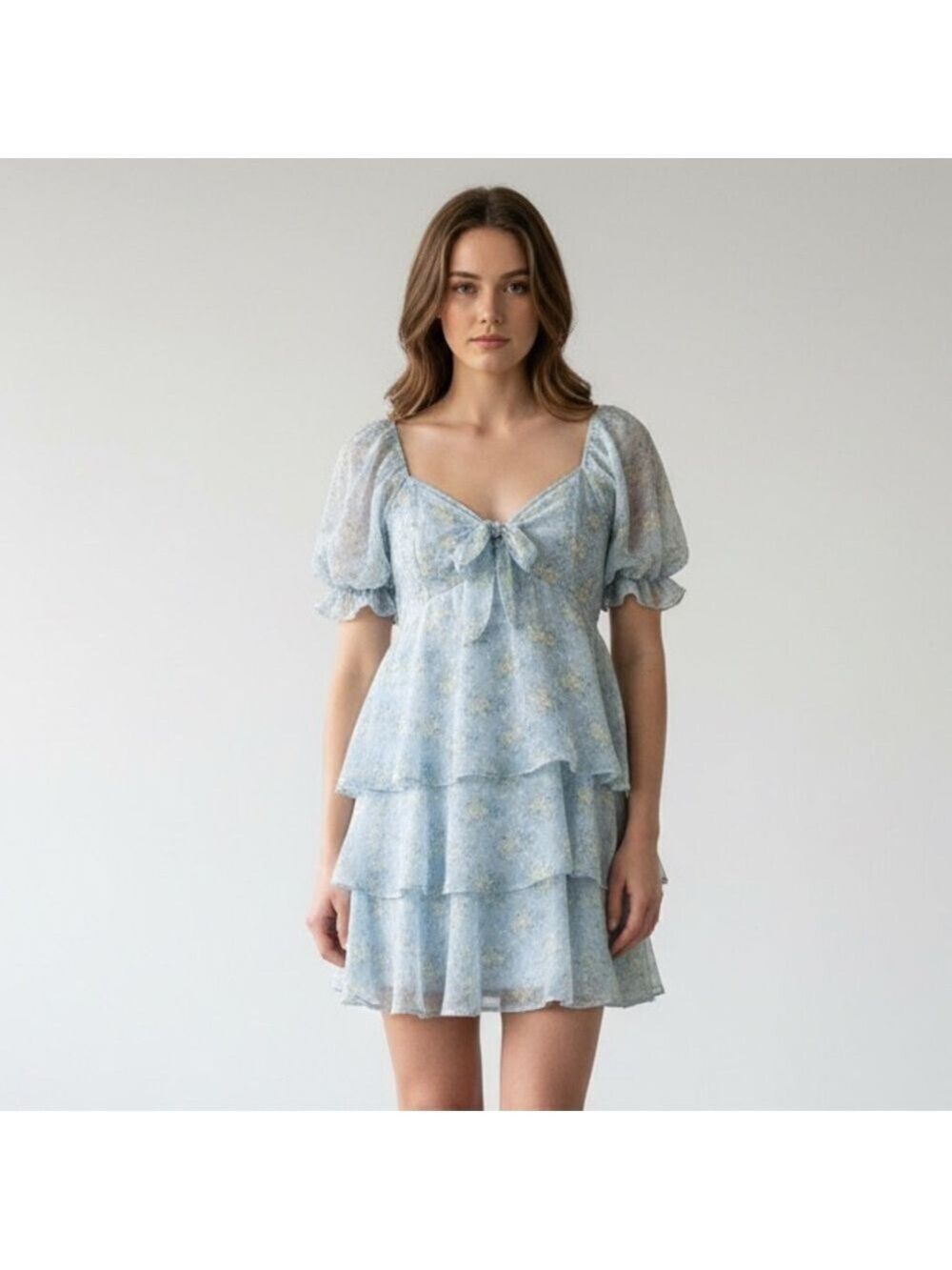 ALTAR’D STATE “Ruby” Baby Blue Floral Tiered Ruffle Puff Sleeve Mini Dress Sz S